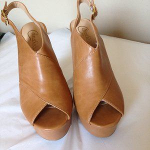 Candies platform heels, tan, side buckle, open toe size 8